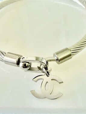 Silver-Tone Cable Bracelet with Charm